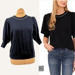 Cece (Small) Black Puff Sleeve Pearl Embroidery Sweater